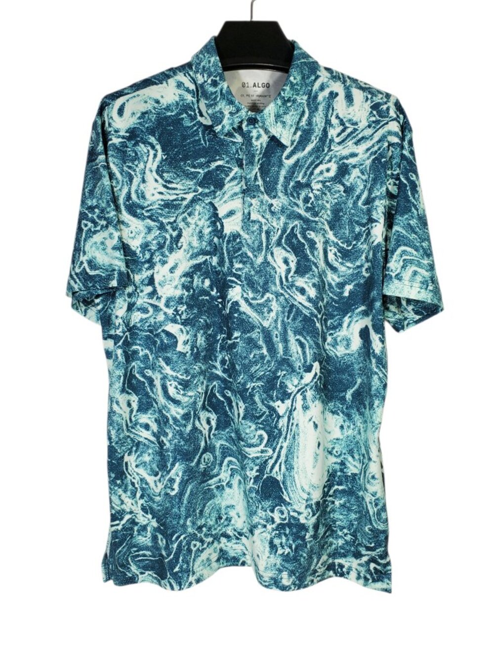 01.Algo Performance Polo Shirt Men's L Teal Aqua Blue Water Tie-Dye Print UPF 40
